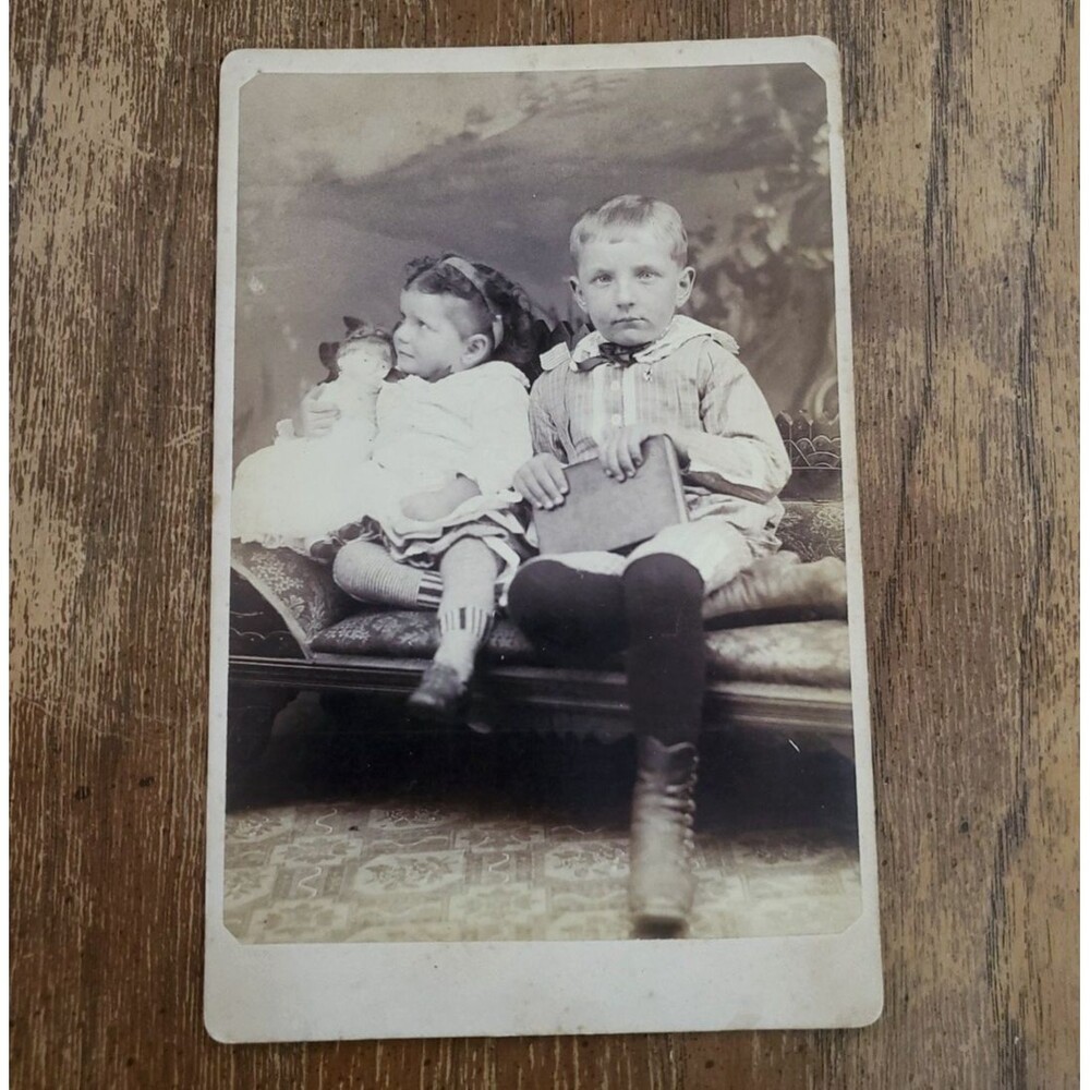 Victorian Cabinet Card Photo Portrait Children Boy w/ Book Girl w/ Doll ID